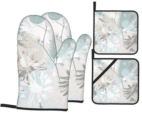 Ofenhandschuhe und Topflappen-Sets, Küchenofenhandschuh und Topflappen, 4 Stück, zum Backen, Grillen, Mint Grey Leaves