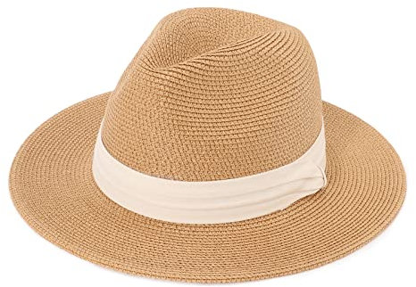 DRESHOW Femme Homme Chapeau de Paille Panama Chapeau Été Large Bord Chapeau de Soleil Anti-UV pour Plage Voyage Fedora Chapeau de Soleil, Taille unique, Panama Khaki with Beige Ribbon