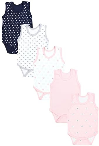 TupTam Baby Body Mädchen 5er Pack – Ärmelloser Body Baby aus Baumwolle, Ideal als Unterwäsche oder im Sommer, Farbe: Bärchen Rosa Weiß Herzen Dunkelblau Sterne Grau Apricot, Größe: 80