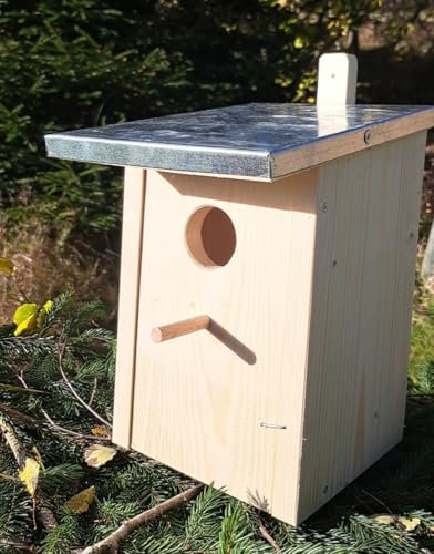 Nistkasten Nisthöhle für Vögel Vogelhaus Nistkasten zum Aufhängen Bruthöhle mit Blechdach mit Einflugloch 45mm Natur (N1)