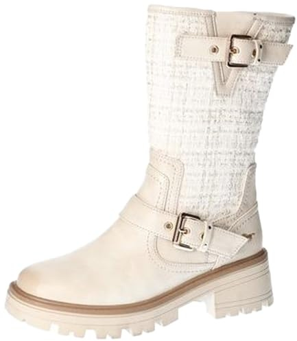 MUSTANG Damen Stiefelette Wadenhoch mit Strickeinsatz und Zierschnallen 1469-506, Größe:37 EU, Farbe:Beige