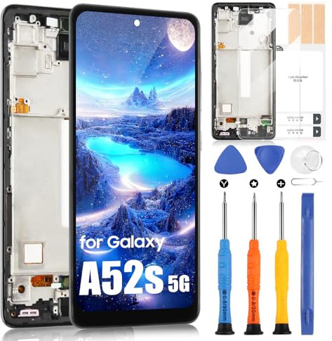 LCD Bildschirm für Samsung Galaxy A52s 5G SM-A528B SM-A528B/DS LCD Display Touch Digitizer Glas Assembly Ersatz Ersatz mit Reparatur Kit (6,5 Zoll, Schwarz mit Rahmen, ohne Fingerabdruck Unlocking)