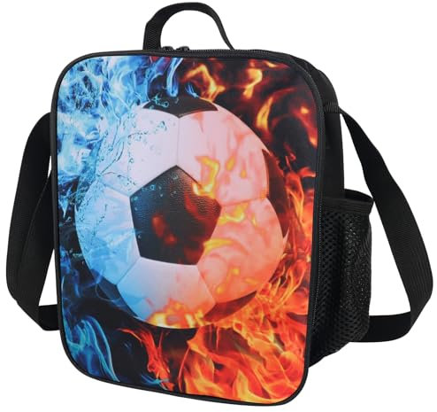 LUFEIS Football Lunch Box Bag, 3D Football Insulated Lunch Bag with Drink Bottle Holder, Reusable Tote Lunch Box for Kids Teens, Washable Crossbody Lunch Bag for School Picnic Travel Hiking Camping