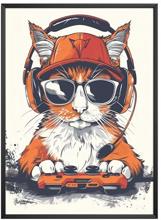 MJ-GRAPHICS® Poster Gaming Jugendzimmer, Gaming Room, A3 Gamer Deko, Zimmer Deko Jungs, Wand Bilder, Gaming Wand Deko, Deko Jugendzimmer Katze Bilder Gaming Poster Gaming Deko Zimmer ohne Rahmen