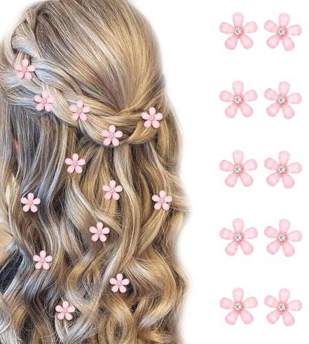 Ruzister 10 Stück Mini-Haarspangen mit Rosa Blumen und Strasssteinen, niedliche Haarspangen, Blumen-Haarnadeln, dekorative Haarspangen, Hochzeits-Haarspangen