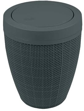 Addis Faux Hessian Round Swing Lid Plastic Bathroom Bedroom Home Office Bin, 5 litre capacity, Charcoal Dark Grey