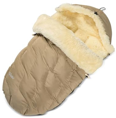 Fellhof® Lammfell Fußsack Kinderwagen WINTERBERG, OEKO-TEX® zertifiziert, 50x98 cm, wind- und wasserdicht, Allroundmodell, mit stufenlos verstellbaren Gurtschlitzen, waschbar bis 30°C beige