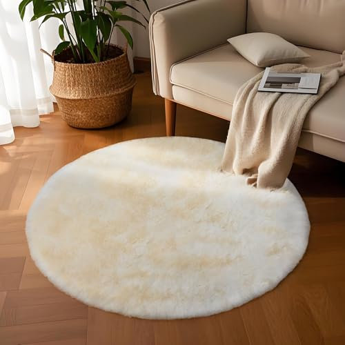 FeinKulturia Teppich Rund 120 cm, Kaninchenfellimitat Hochflor Waschbare Teppiche, Flauschig EIN Rutschfester Weicher Teppich für Wohnzimmer, Schlafzimmer und Kinderzimmer