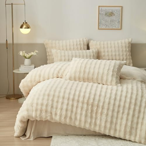 Luowei Plüsch Bettwäsche 200x220 Warm Winter Weiß Creme Kuschelige Flauschig Bettwäsche Luxus Wende Bettbezug mit Reißverschluss und 2 Kissenbezug 80x80cm