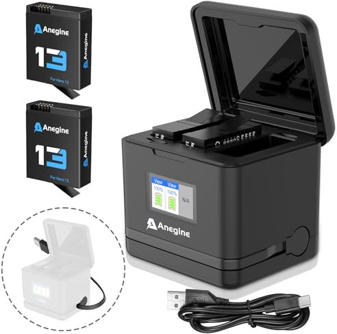 Anegine Hero 13 - Batteria ricaricabile da 2300 mAh e LCD a 3 canali, per GoPro Hero 13 Black Enduro, batteria ricaricabile con tipo C PD3.0 (confezione da 2)