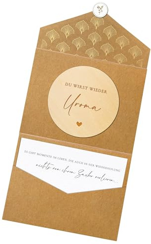 Joli Coon Du wirst wieder Uroma Holzscheibe, Schwangerschaft verkünden | Schwangerschaft verkünden, Strukturiertes Designerpapier, Natur-Klappkuvert, Platz für persönliche Worte, Premium-Papeterie