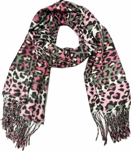 J26 XXL Leopard Farbverlauf Herbst Winter Schal Stola Tuch Übergangsschal Baumwolle mit Fransen Leo (Pink)