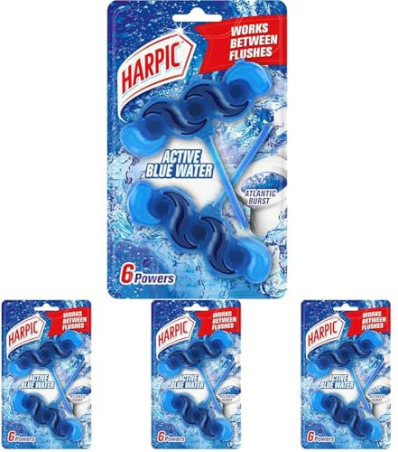 Harpic Active Fresh Toilet Rim Block Twin Pack, Atlantic Fresh, Pack of 4, Anti-Limescale, Dirt Remover, Lasts up to 10 weeks and up to 500 flushes, Toilet Cleaner, Toilet Freshener