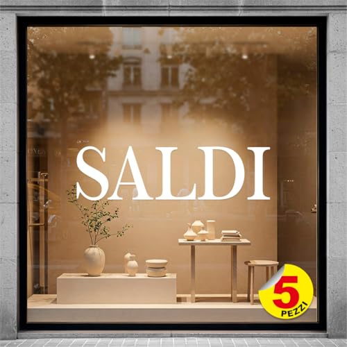 Kit 5 Adesivi SALDI per Vetrine Negozi – Scritte Prespaziate Senza Sfondo in Vinile Rimovibile – Vetrofanie Saldi Estivi/Invernali, Allestimento Vetrine (60x15 cm – Bianco)