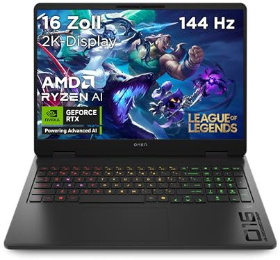 OMEN Gaming Laptop, 16 Zoll 2K Display 144Hz, AMD Ryzen 9 8940HX, NVIDIA GeForce RTX 5070, 32GB RAM, 1TB SSD, Windows 11, 4-Zonen-RGB-QWERTZ Tastatur, Wi-Fi 6, Shadow Black, inkl. 3 Monate GamePass