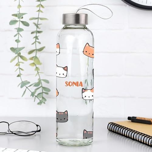 Wanapix | Bouteille en Verre Personnalisée | Cadeaux Fête des Mères | 450ml | Cadeau Original Maman/Grand-mère/Amie | Sans BPA | Petits chats