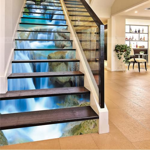 FLFK 3D Steinwasserfall Rock Selbstklebend Treppen Aufkleber Vinyl Abnehmbare Aufkleber für Treppenhaus Zuhause Dekoration 39.3Zoll x7.08Zoll x15 stücke