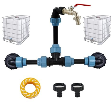 IBC Verbindungssett, IBC Adapter Verbinder für 1-2 Regenwassertanks – mit 3/4 Schwananhals Garten Wasserhahn Auslass, für Regenwassertank Wasserfaß Regenfass IBC-Container