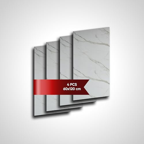 PVC Wandpaneel – 4er Set (je 60x120 cm), Wasserfest, UV-beständig, B1-zertifiziert – Hochglänzende Wandverkleidung für Küche, Bad, Büro & Gewerbe (Calacatta Weiß)