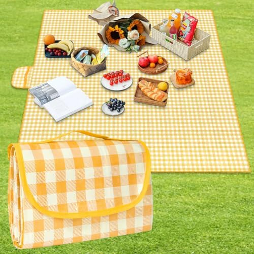 AYBUY Picknickdecke, 150 x 200cm, Faltbare Campingdecke mit wasserdichter Unterseite,sandfeste Stranddecke mit Tragegriff,Waschbar Picknickdecken für 2-3 Personen Outdoor, Camping, Strand, Park (Gelb)