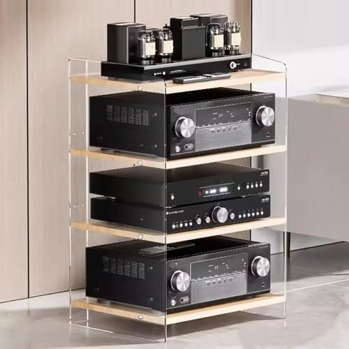 Mensola for giradischi, mobiletto multimediale, supporto audio/video con ripiani regolabili a 3/4 livelli, moderno rack AV, spazio for componenti stereo di intrattenimento(Acrylic+wood,4 Tier)