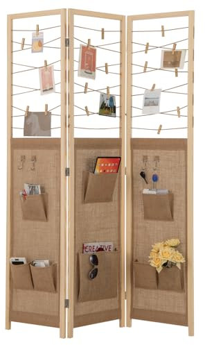 COSTWAY 3-teilig Raumteiler 120 × 170 cm, Paravent Trennwand Holz mit 8 Aufbewahrungstaschen & 4 Haken & 20 Holzklammern, Natur Raumtrenner Klappbar, Sichtschutz Indoor für Zuhause