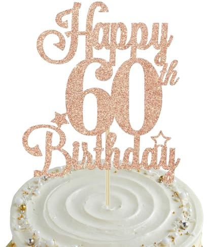 Rose Gold Happy 60th Birthday Cake Topper for Women, Glitter 60th Birthday Party Decoration for Her, Elegant Cake Insert for Celebration (Rose Gold)