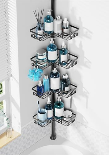 ZUNTO Spannstange Dusch-Caddy, Ecke für Badezimmer, verstellbar, 63,5 cm - 289,6 cm, Boden bis Decke, Stehdusche, Spannstange, Organizer, 4 Etagen, Aufbewahrungsregale mit Haken, Schwarz