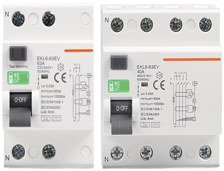 Disjoncteur différentiel 2P 4P for station de recharge de voiture, 1 pièce, 40 A, 63 A, 30 mA, EKL6-63EV, 10 kA, rail DIN(2P,63A)