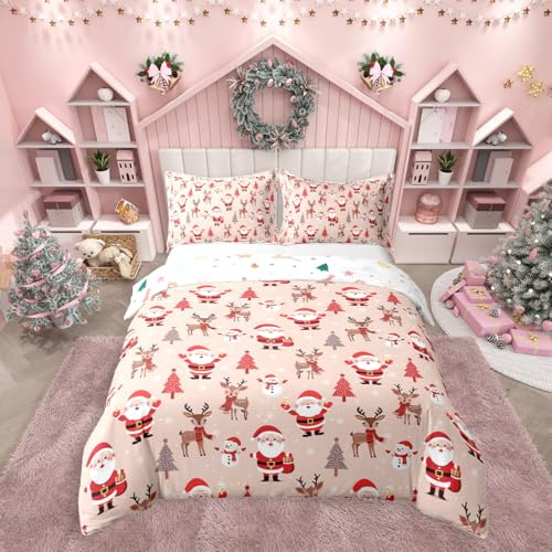 Homemissing Kinder Weihnachts Bettwäsche Set 135x200cm Weihnachtsmann Bettwäsche Bettbezug Set für Jungen Mädchen Weihnachtsbaum Hirsch Dekor Bettwäsche-Set Schneeflocke Weihnachtsfest Thema