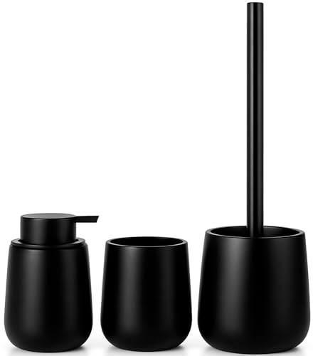 LARDECOR - Set de Baño Moderno de 3 Piezas, Accesorios de Resina | Dispensador de Jabón 380 ml + Vaso para Cepillos de Dientes + Escobilla de Inodoro, Juego de Aseo Diario, Libre de BPA (Negro)