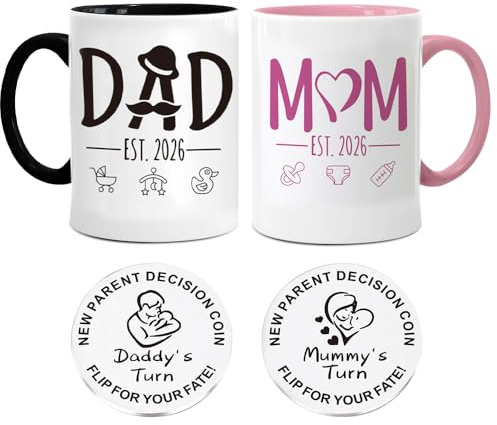 Rppiup 2026 Mum and Dad Mugs Set with Decision Coin, Mummy and Daddy Mugs Pregnancy Gifts for Dad and Mum to Be, Pregnancy Gift for Mom Expecting, New Baby GIF t for Parents Frist Time Mom Daddy