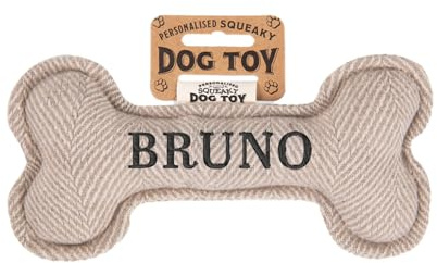 History & Heraldry Personalisiertes Quietschendes Hundespielzeug, Knochen Form, mit `Bruno` Aufschrift, Stoffspielzeug für Hunde