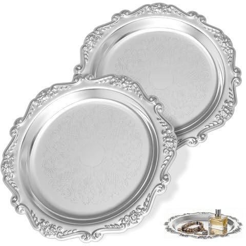 STOBAZA 2pcs Vintage Metal Serving Trays, 5.9in Decorative Dessert Plates, Small Snack Platters, Jewellery Display Trays for Parties, Weddings, Coffee Table and Home Decor