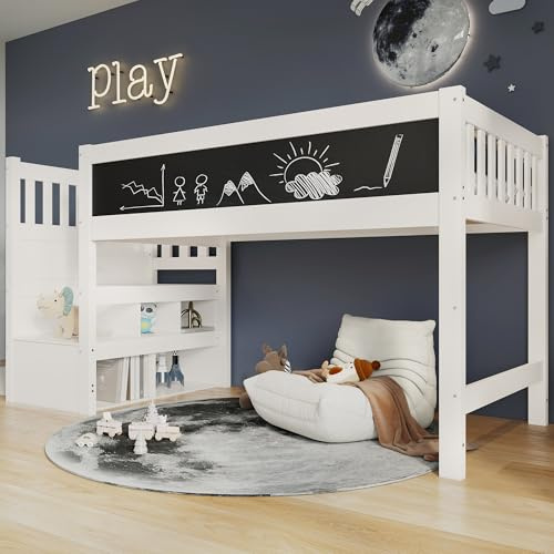 LZPUOUI Hochbett 90x200 weiß Halbhochbett mit Tafel Whiteboard Treppe Stauraum Bettgestell aus Massivholz Schlafsystem Rausfallschutz Zertifiziert für Jugendliche Schlafzimmer Jugendzimmer