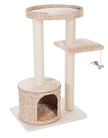 zooplus Kratzbaum Natural Home II | aus Wasserhyazinthe, Bodenplatte aus unbehandeltem Echtholz | Kuschelhöhle & Aussichtsplattform | Sisalstämme Ø 9 cm | für große Rassen geeignet | Höhe: 99,5