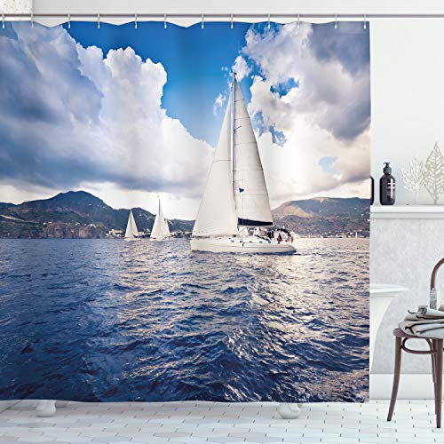 ABAKUHAUS Nautisch Duschvorhang, Segelboot auf Meer, Stoffliches Gewebe Badezimmerdekorationsset mit Haken, 175 x 200 cm, Blau und weiß