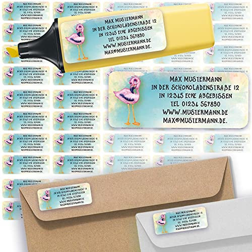 Adress-Etiketten - Adress-Aufkleber Sticker Namensaufkleber mit Ihrem Wunschtext 57x 23mm, für 1 bis 5 Zeilen Text - 45 Stück 45 Hintergründe zur Auswahl (08 Flamingo)
