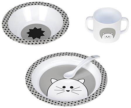 LÄSSIG Kindergeschirr Set (Teller, Becher, Schälchen, Löffel) ohne Melamin, BPA-frei, für Spülmaschine und Mikrowelle/Dish Set PP Little Chums Cat