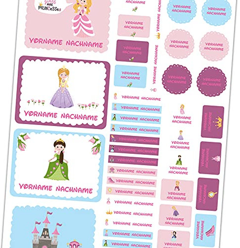 50 x Namensaufkleber mit Wunschname personalisiert Aufkleber Set mit Kinder Name Beschriftung Schule Kindergarten Kleidung Sticker wasserfest (13 Prinzessin)