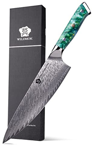 WILDMOK Cuchillo de chef de cocina japonés de Damasco de 20 cm, cuchillos con mango de resina y acero VG10, incluyen caja de regalo