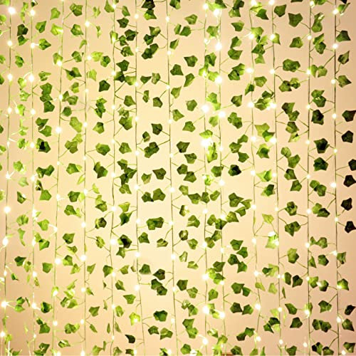12 Pack 84Ft Artificial Ivy Leaf Garland with 200 LED Fairy String Lights,Fake Green Leaves Hanging Vine Faux Flowers Decoration for Indoor,Outdoor,Kitchen,Garden,Office,Wedding,Wall