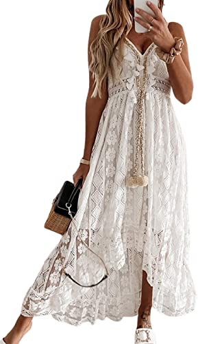 CUPSHE Damen Sommerkleid V Ausschnitt Floral Spitze Quasten Spaghetti Trägerkleid Freizeitkleider Hi-Low Party Boho Beach Maxi Dress Weiß L