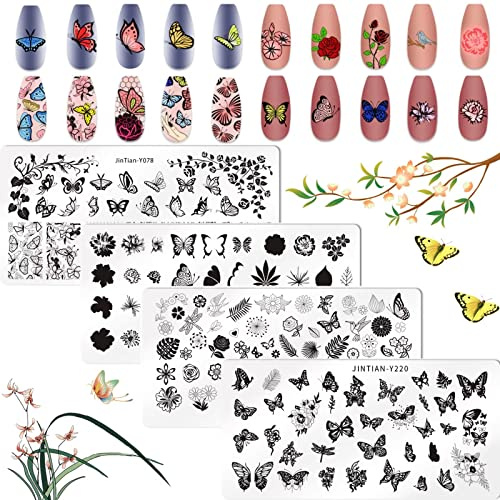 RUNRAYAY 4Pcs Schmetterling Nail Art Stamping Plates, Blume niedlichen Tier Rose Print Maniküre Vorlagen für Frauen und Mädchen Nail Art Design DIY Druck Maniküre Salon