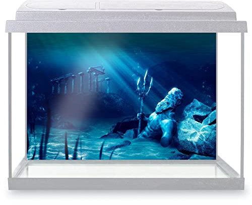 DV DESIGN Aquarium Fish Tank Background 32x21 cm - Atlantis Underwater City Poseidon Water Neptune Statue Ancient Static Cling Vinyl Vivarium Terrarium External Application #500024