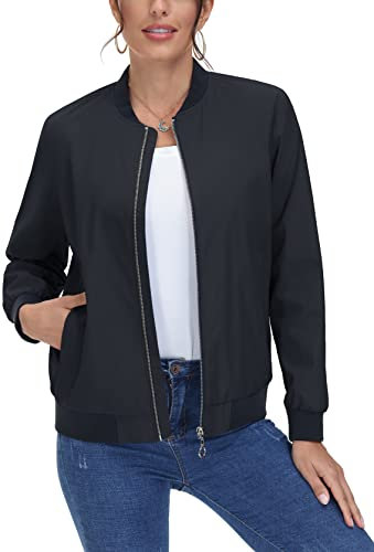 MAGCOMSEN Damen Frühlingsjacke Leichte Dünne Bomberjacke Classic Windbreaker Jacke Ladies 3 Taschen Übergangsjacke Casual Freizeit Fliegerjacke Polyester Kurz Sweatjacke Schwarz XL