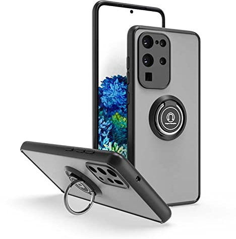 JIEZUIMEI Cover per Samsung Galaxy S20 Ultra 5G Custodia, TPU Silicone e Traslucida PC indietro Cover Antiurto Custodia, Glassato Anti-Impronta Protettiva Case AntiGraffio 360° Supporto Anello Nero