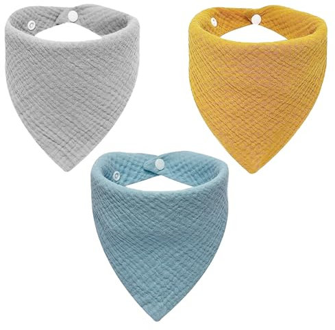 NECXON Baby-Sabberlätzchen, Baby-Bandana-Lätzchen, verstellbare 2-Druckknopf-Sabberlätzchen, 6–12 Monate, für Jungen, Mädchen, die zahnen und sabbern, 0–24 Monate (blau, grau und gelb)