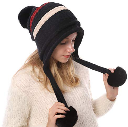 Theaque Peruanische Beanie-Mütze für Damen, Wintermütze, Ohrenklappen, Sherpa-Ski-Schneehüte, Strick, Fleece, gefüttert, 3 Pom Pom, Schwarz , 6 1/4