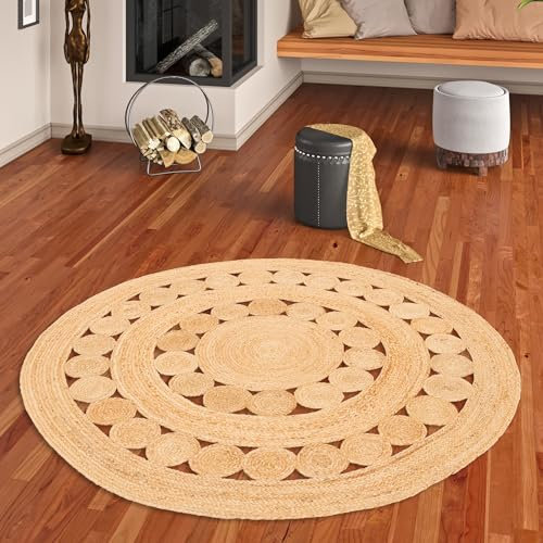Pergamon Natur Teppich Handgefertigt Jute Rund Wohnzimmer Boho mit Bordüre oder Ethno Style